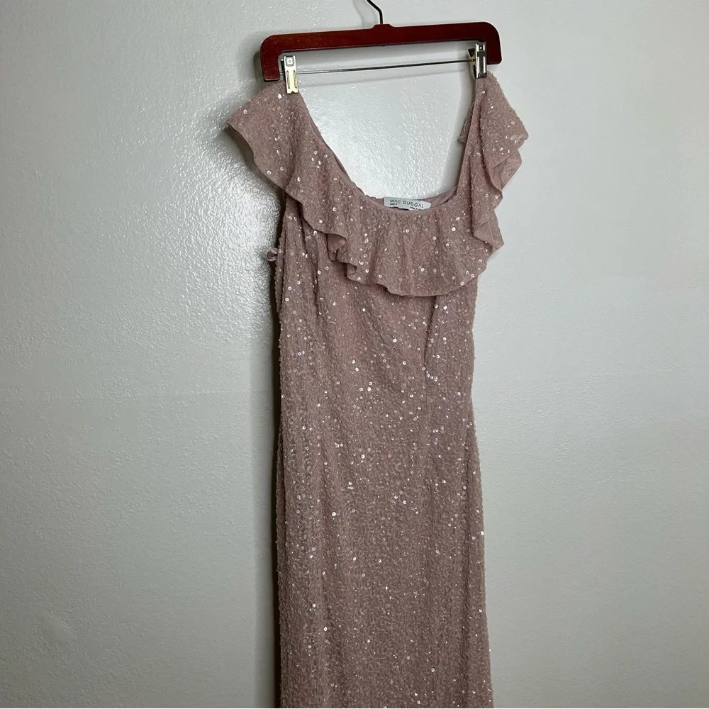 Mac Duggal One Shoulder Asymmetrical Sequin Gown Pink 8